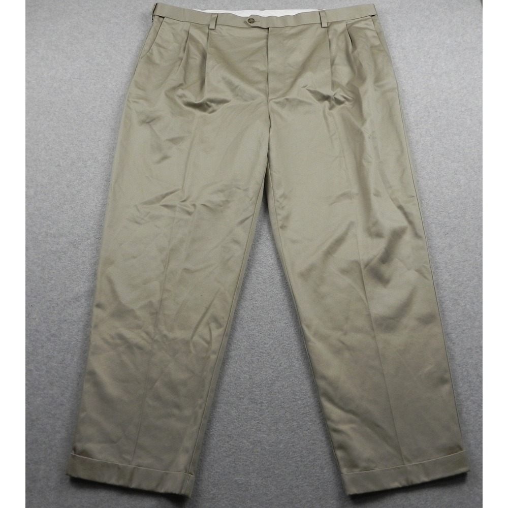 Roundtree & Yorke Pants Mens 44x30 Classic Fit Khaki Cotton Pleated Cuffed Chino